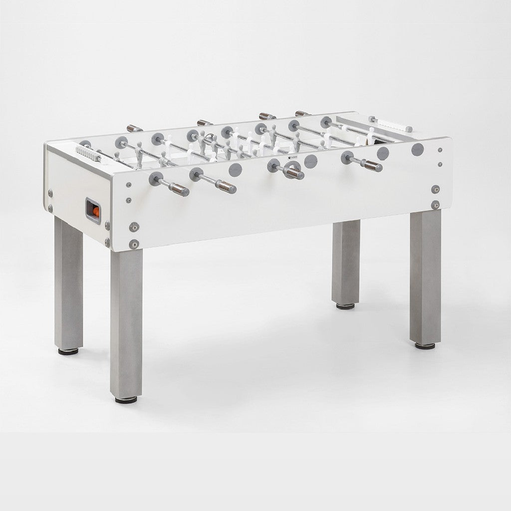 Calciobalilla G-500 PURE WHITE con aste rientranti, piano gioco corto in vetro