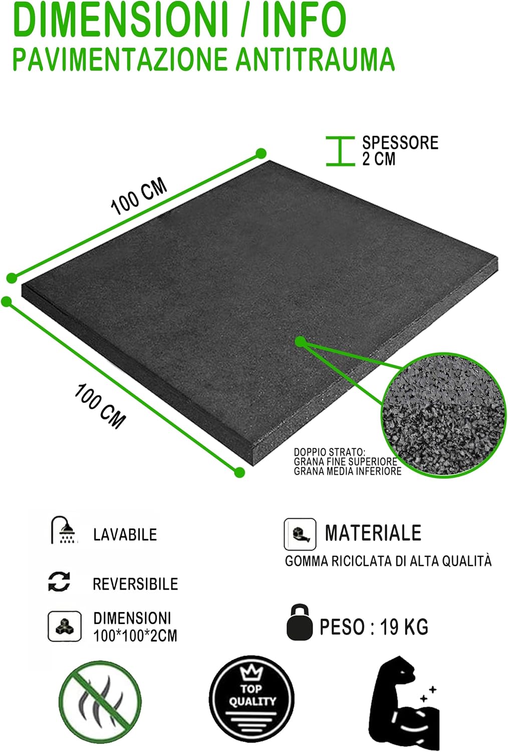 Pavimento Gommato Palestra 100x100cm, Spessori 2 e 0.8 cm-2