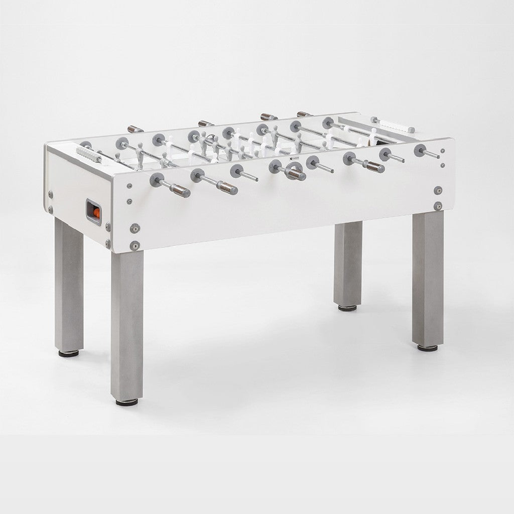 Calciobalilla G-500 PURE WHITE con aste uscenti, piano gioco corto in vetro