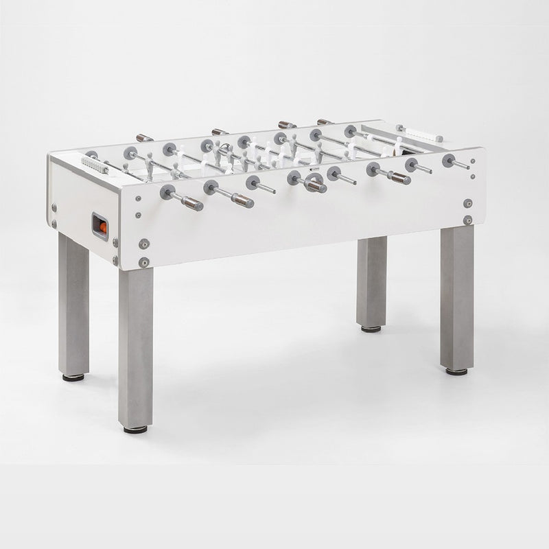 Calciobalilla G-500 PURE WHITE con aste uscenti, piano gioco corto in vetro