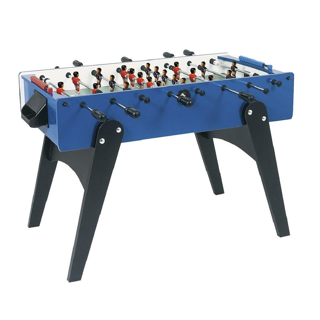 Calciobalilla F-10 blu aste uscenti piano gioco lungo in nobilitato